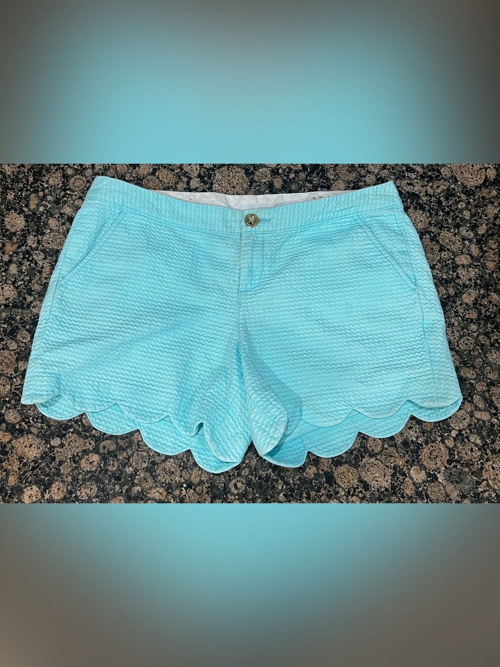 Lilly Pulitzer Aqua Seersucker Scalloped High-Waist Shorts